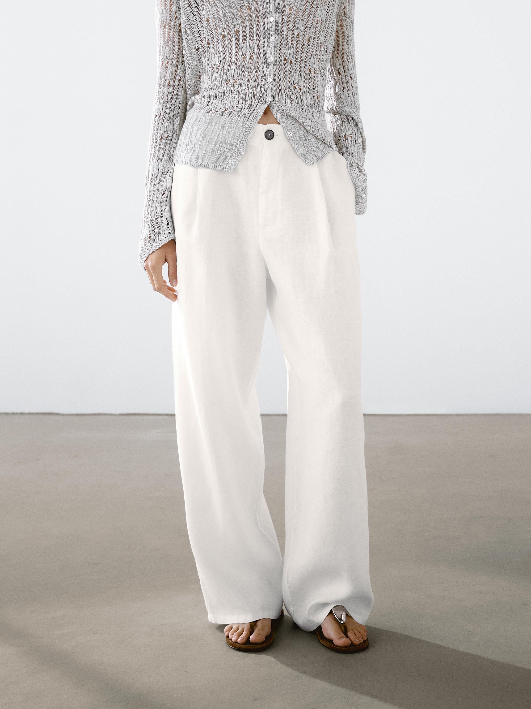 100% linen wide-leg mid-rise trousers